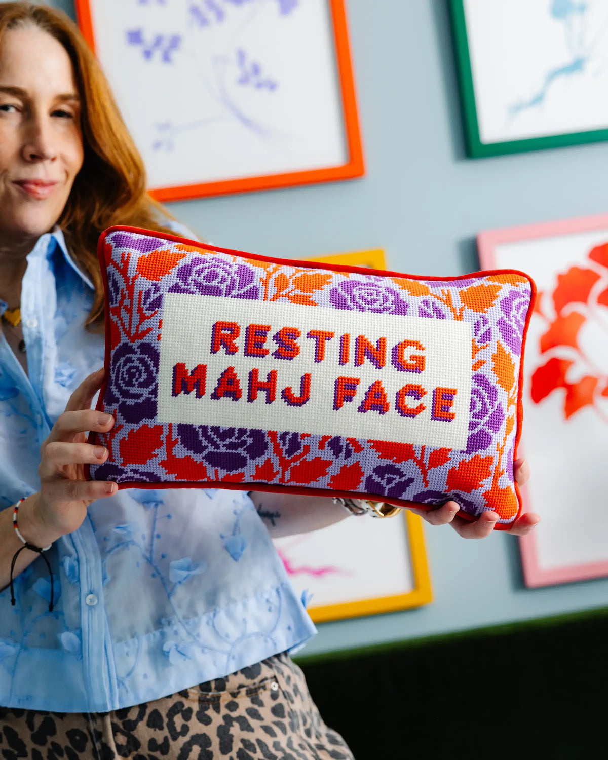 IN STORE ONLY | Resting Mahj Face Needlepoint Pillow