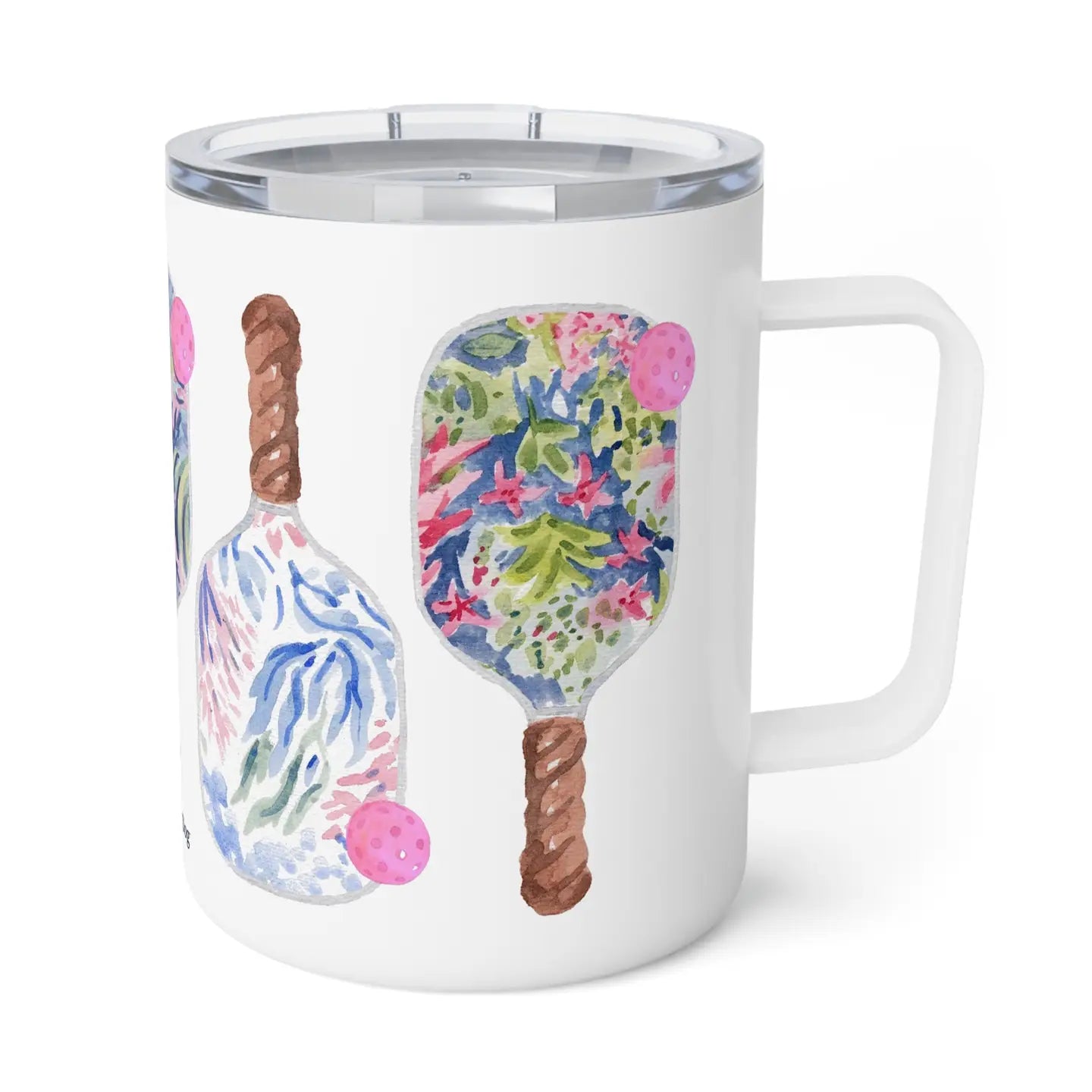 IN STORE ONLY! 12oz Pickleball Paddle Insulated Mug | white + vibrant watercolors