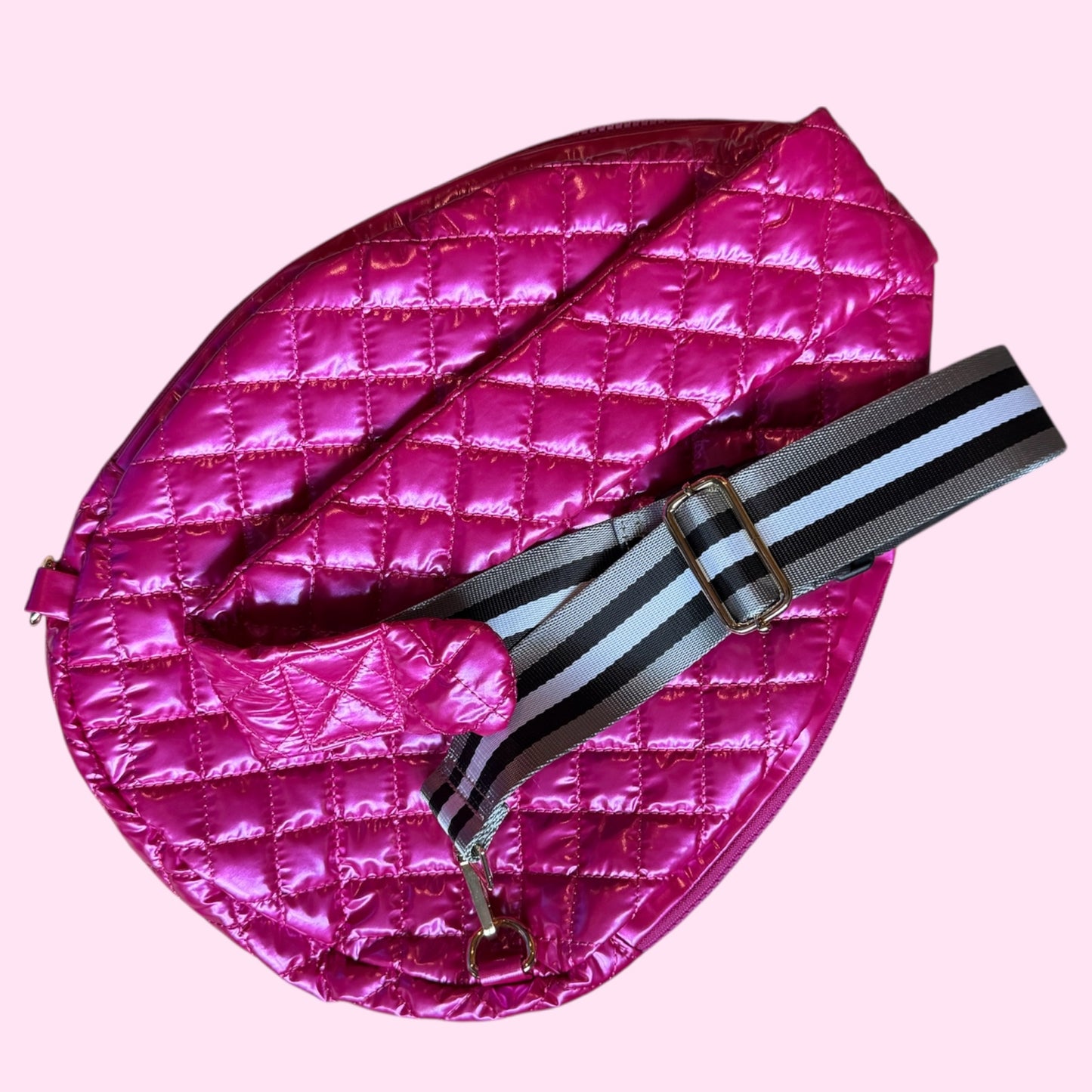 SUPER SALE! Puffer Sling Bag | Shiny Hot Pink + silver & black stripes