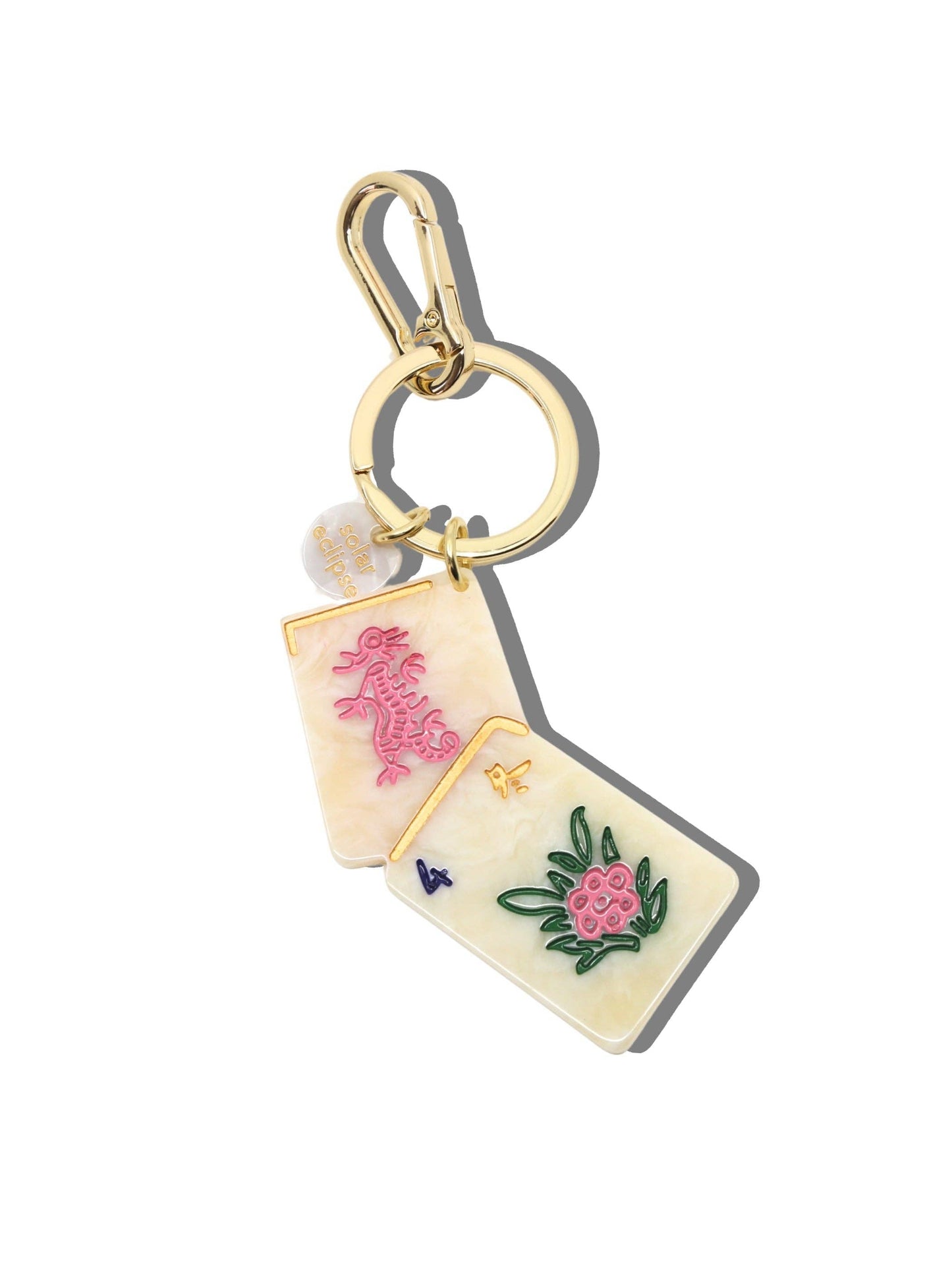 Hand-painted Flower Mahjong Bag Charm + Keychain | pink dragon