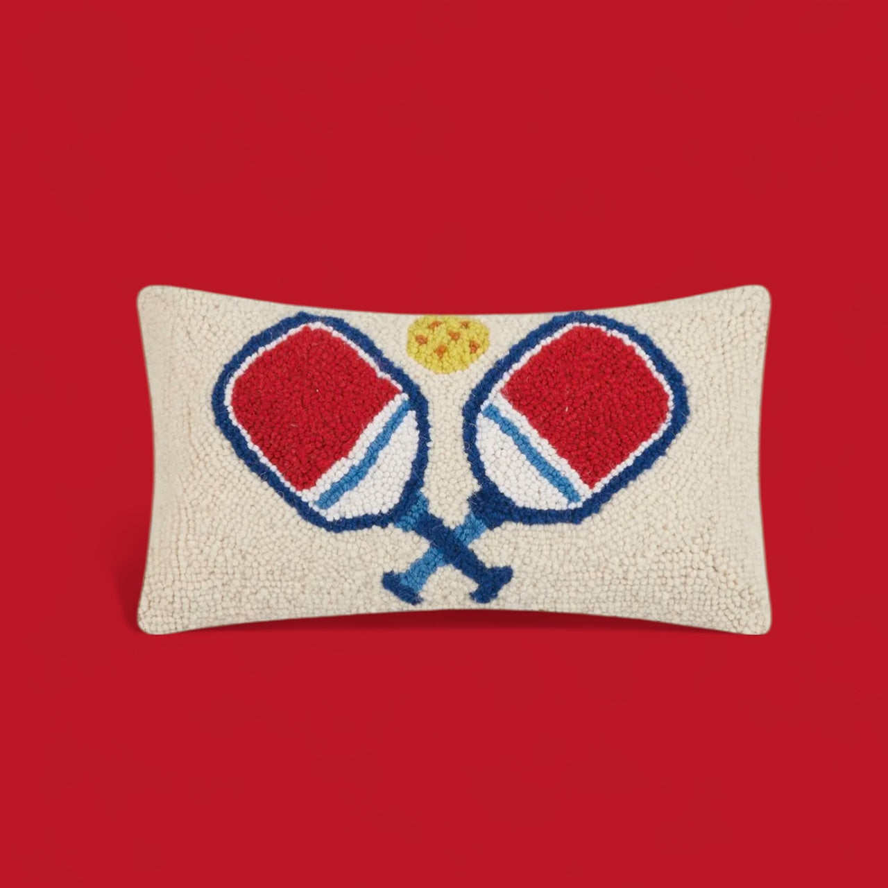 Pickleball Hook Pillow | cream + red + blue + paddles