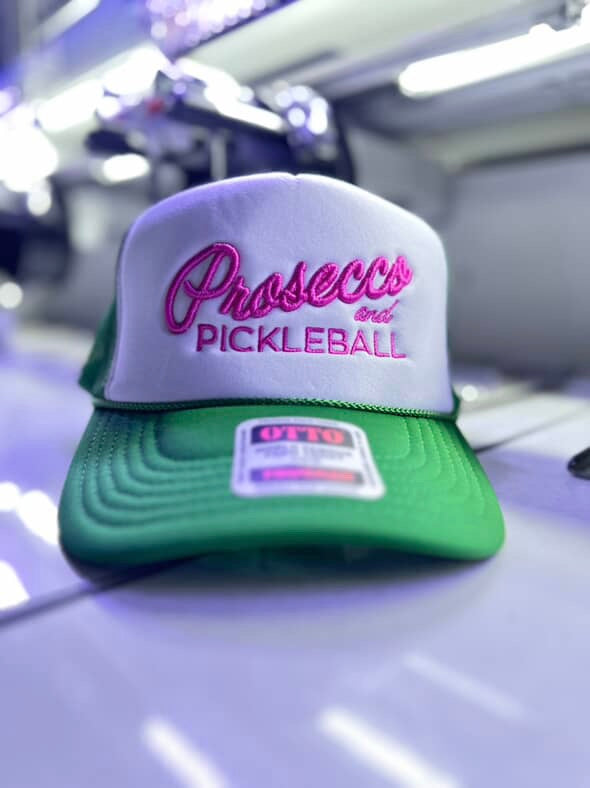 RESTOCKING SOON! Prosecco and Pickleball Hat | Kelly Green with Hot Pink Embroidery