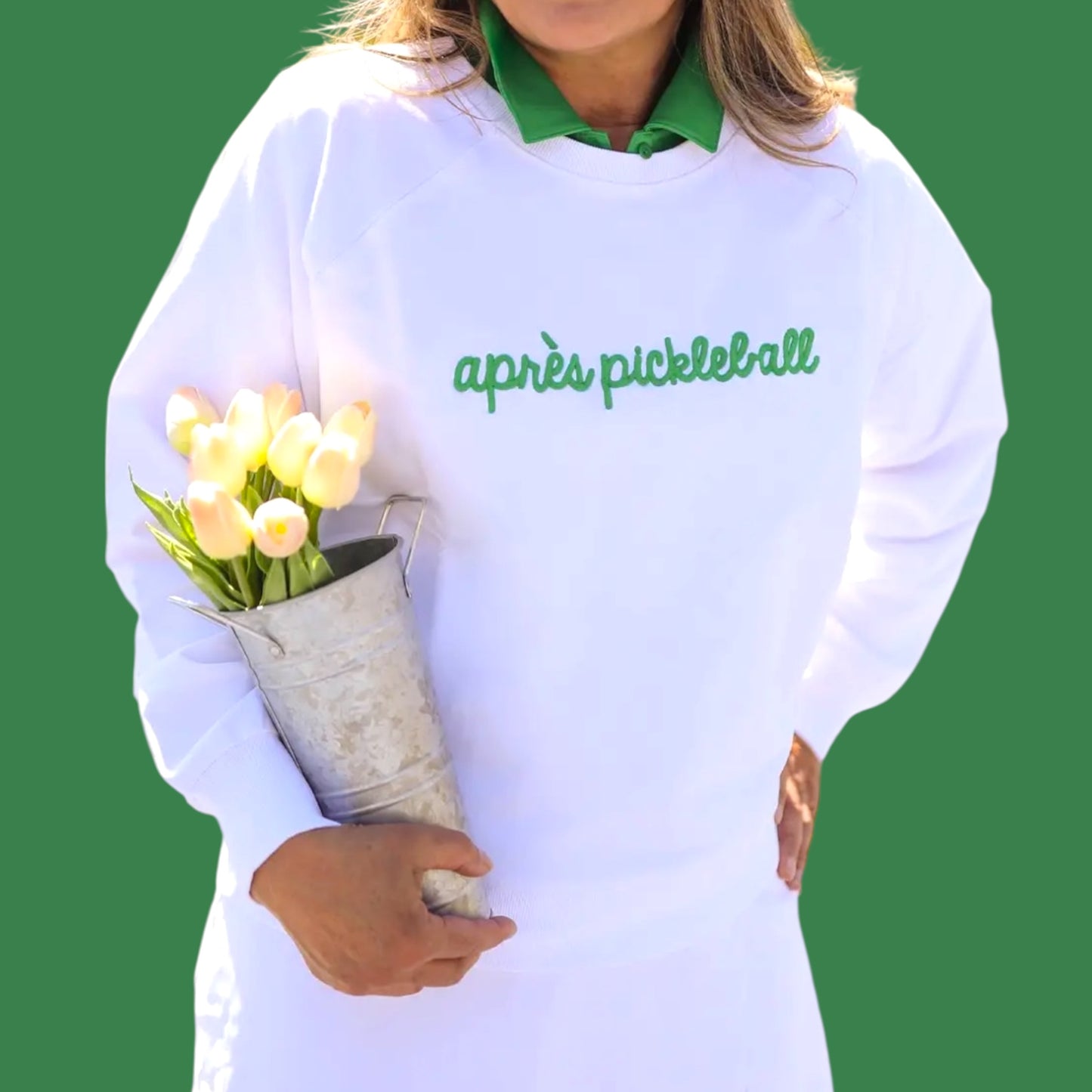“apres pickleball” Embroidered Sweatshirt | White + Green