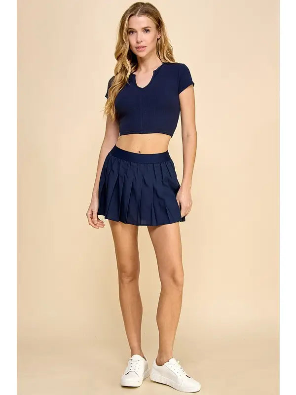 Elastic Waistband Pleated Athletic Skort | Navy Blue