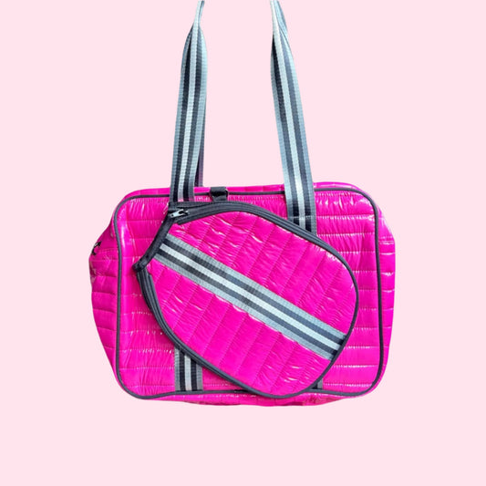 Pickleball Puffer "mini" Tote | HOT PINK + black/silver stripes
