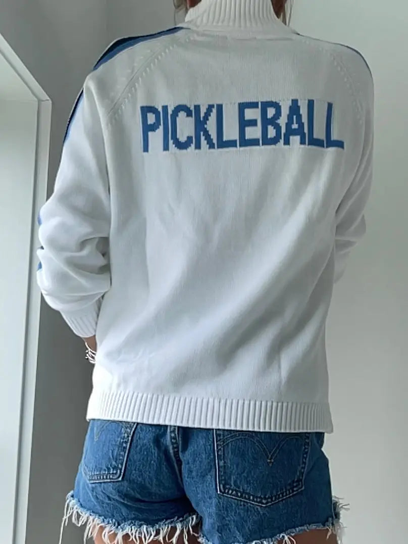 LAST ONE!  PICKLEBALL Half Zip Sweater | White + blue stripes