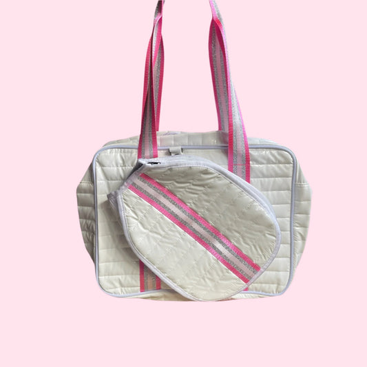 Pickleball Puffer "mini" Tote - White with pink and silver stripes