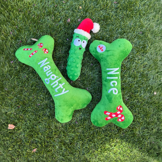 Fetchies® Dilly Claus Dog Toy | naughty + nice green bone