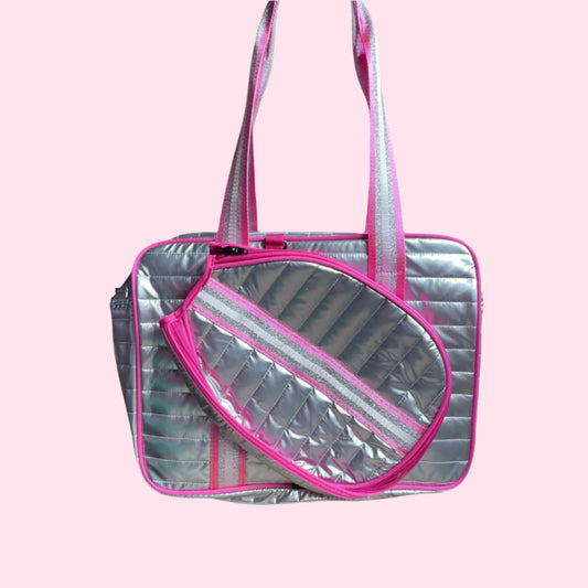 Pickleball Puffer "mini" Tote - Silver with Pink stripes