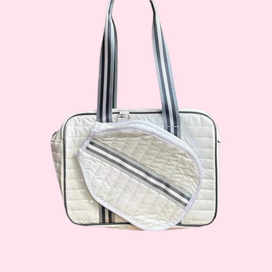 Pickleball Puffer "mini" Tote | WHITE + black/grey stripes