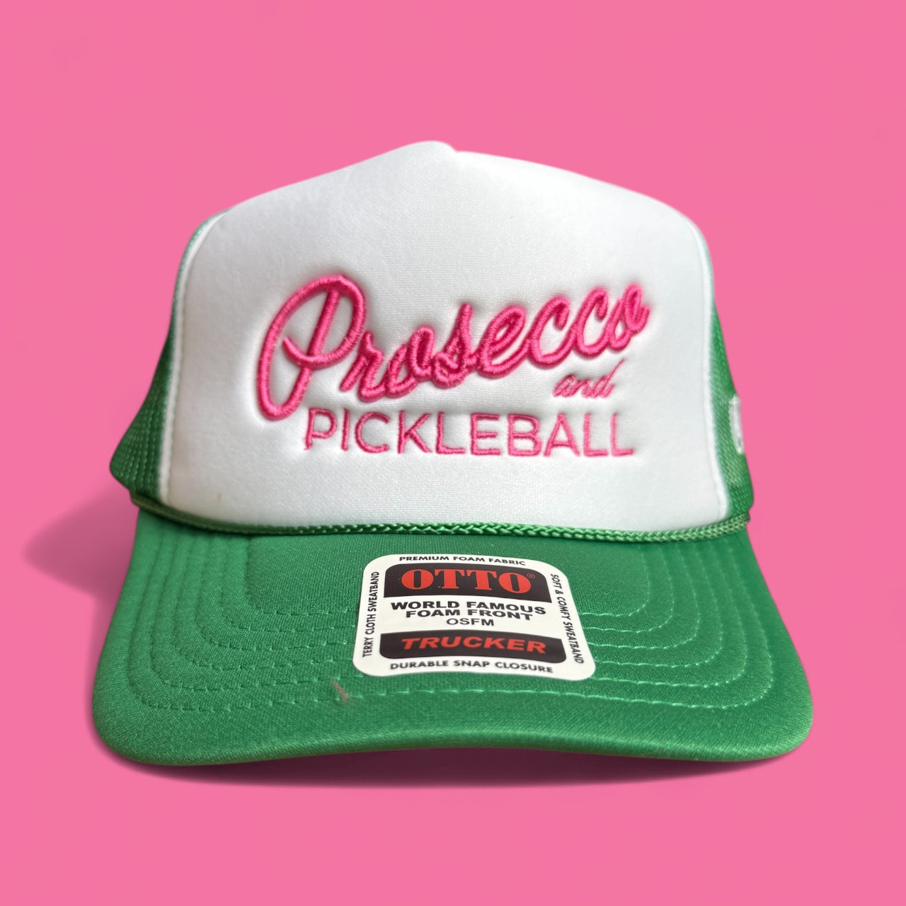 Prosecco and Pickleball Hat | Kelly Green Hat + Hot Pink Embroidery