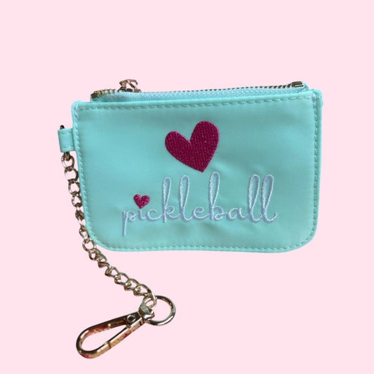 Pickleball Nylon Zip Keychain Coin Purse |  MINT + white/pink embroidery