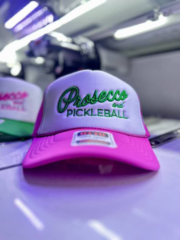 RESTOCKING SOON! Prosecco and Pickleball Hat |  Hot Pink Hat + Green Embroidery