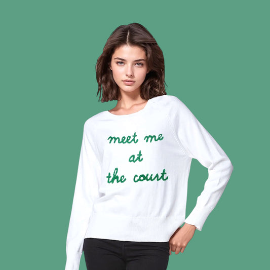 Cotton Crewneck Sweater | Embroidered "Meet Me At the Court"