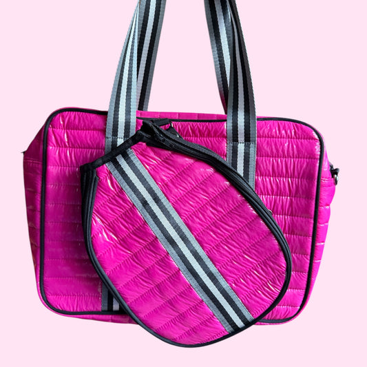 Pickleball Puffer "mini" Tote | HOT PINK + black/silver stripes