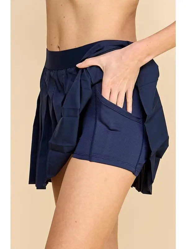 Elastic Waistband Pleated Athletic Skort | Navy Blue