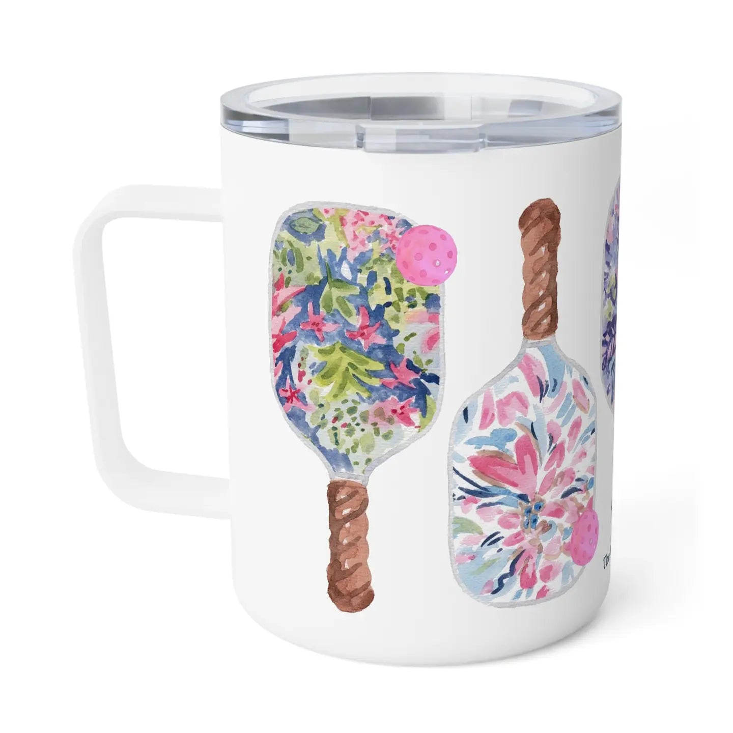 IN STORE ONLY! 12oz Pickleball Paddle Insulated Mug | white + vibrant watercolors