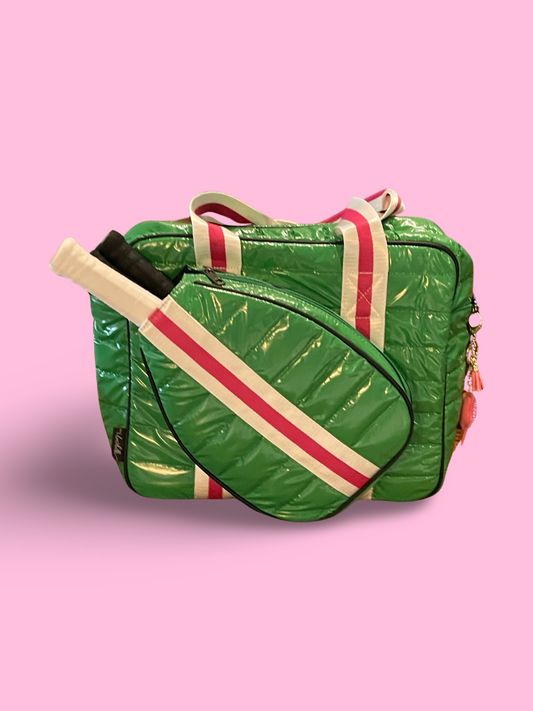 Pickleball Puffer Tote - Green with Pink Stripe