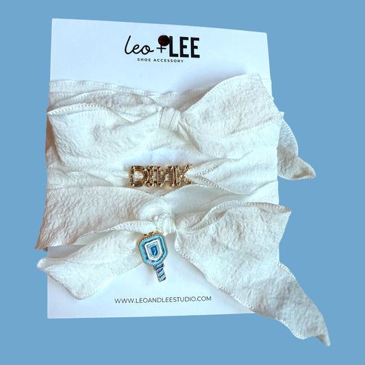 Shoe Charm “DINK” Set | white ribbons + blue paddle