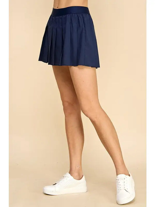 Elastic Waistband Pleated Athletic Skort | Navy Blue
