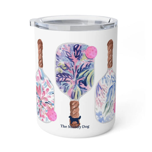 IN STORE ONLY! 12oz Pickleball Paddle Insulated Mug | white + vibrant watercolors