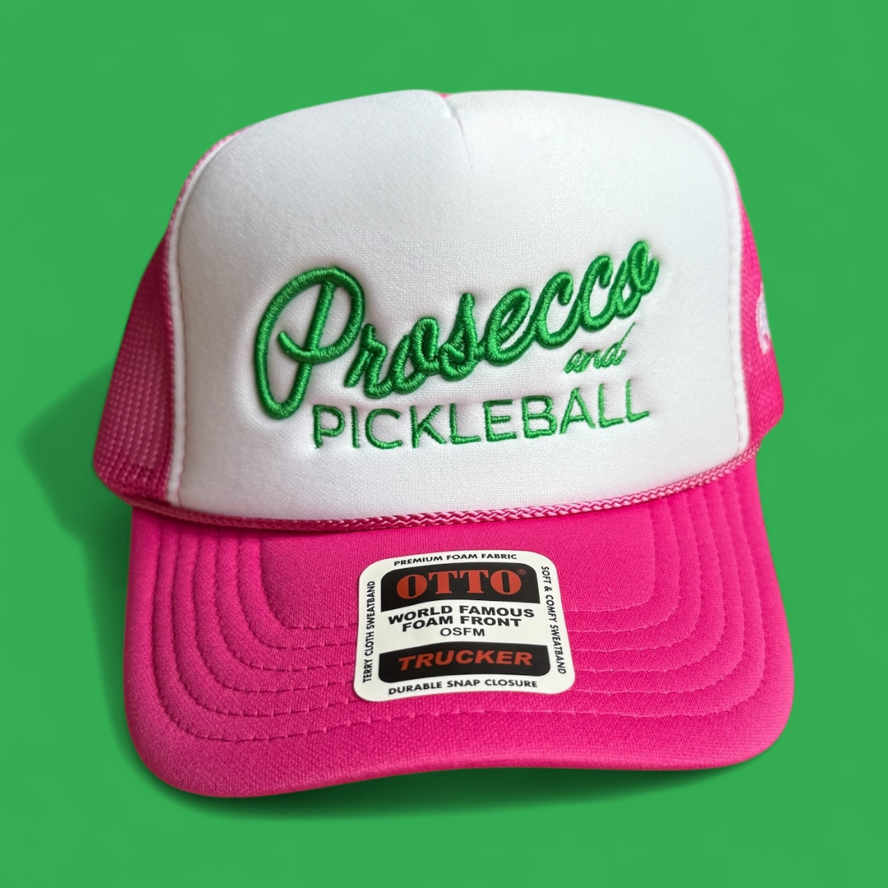 Prosecco and Pickleball Hat |  Hot Pink Hat + Green Embroidery