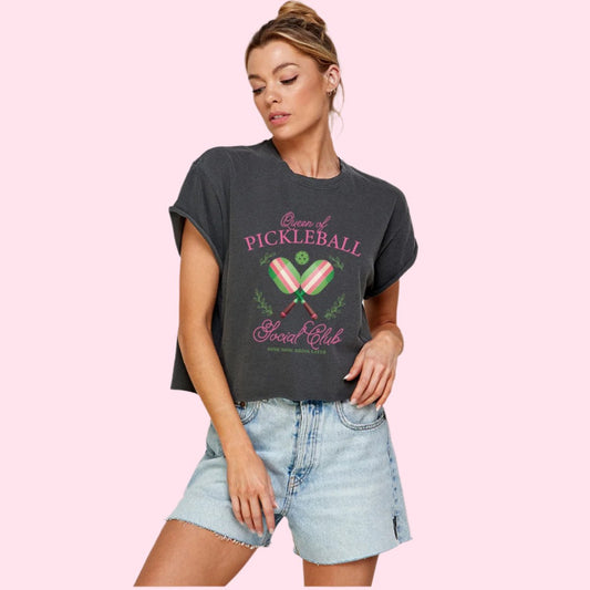 Queen of Pickleball Vintage Graphic Crop Top | Relaxed Black