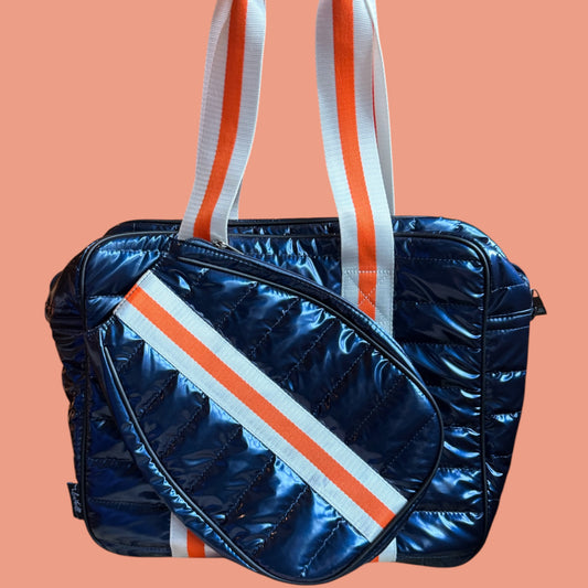 SUPER SALE!  "The OG" Pickleball Puffer Tote | Shiny Navy Blue + Orange + White