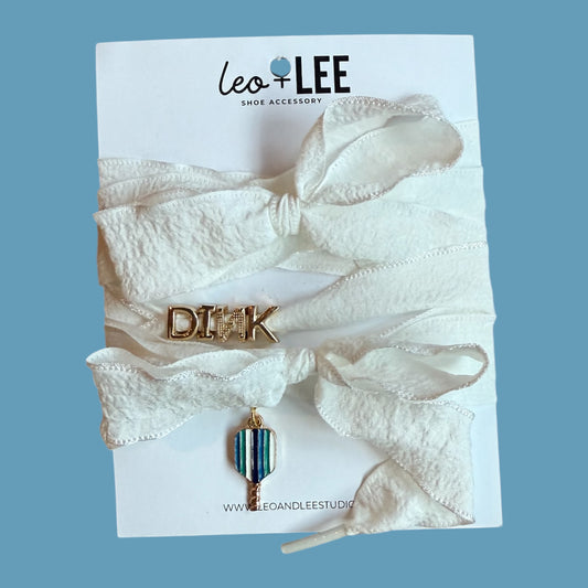 Shoe Charm “DINK” Set | white ribbons + blue green white vertical stripes paddle