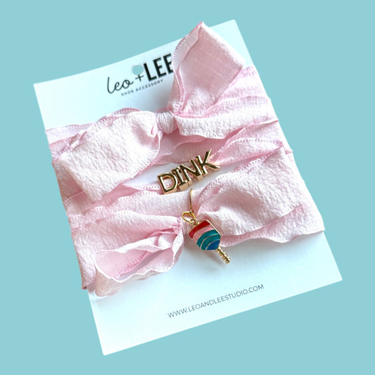 Shoe Charm “DINK” Set | pink ribbons + multi color arched paddle design