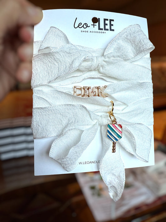Shoe Charm “DINK” Set | white ribbons + multi color diagonal stripe paddle