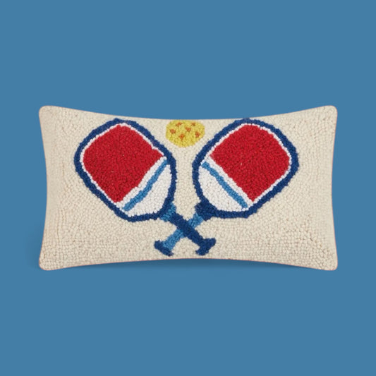 Pickleball Hook Pillow | cream + red + blue + paddles