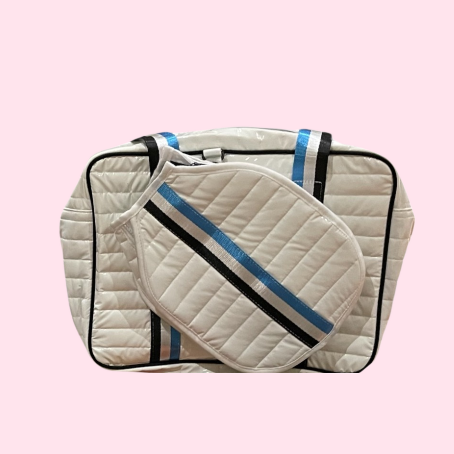 Pickleball Puffer "mini" Tote | WHITE + blue/black stripes