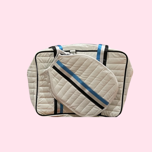 Pickleball Puffer "mini" Tote | WHITE + blue/black stripes