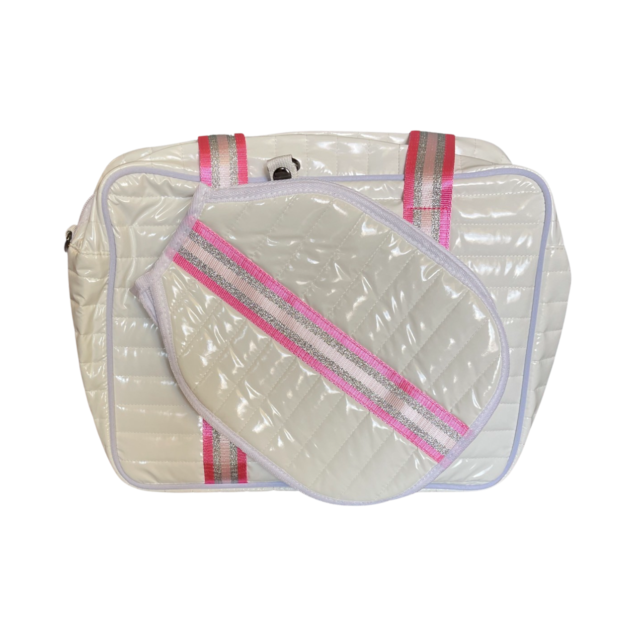 Pickleball Puffer "mini" Tote - White with pink and silver stripes