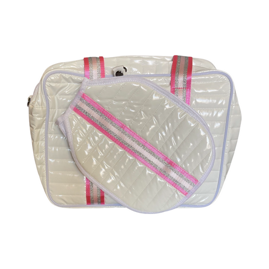 Pickleball Puffer mini Tote - White with pink and silver stripes