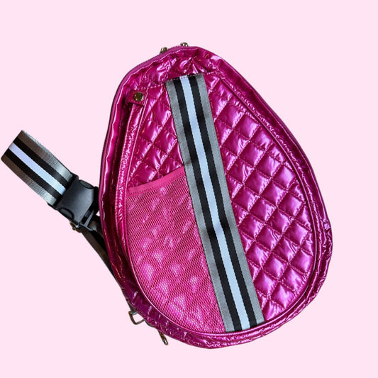 SUPER SALE! Puffer Sling Bag | Shiny Hot Pink + silver & black stripes
