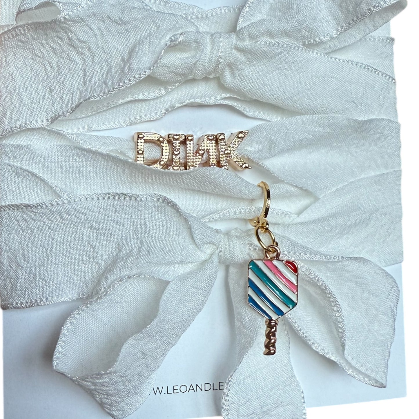 Shoe Charm “DINK” Set | white ribbons + multi color diagonal stripe paddle
