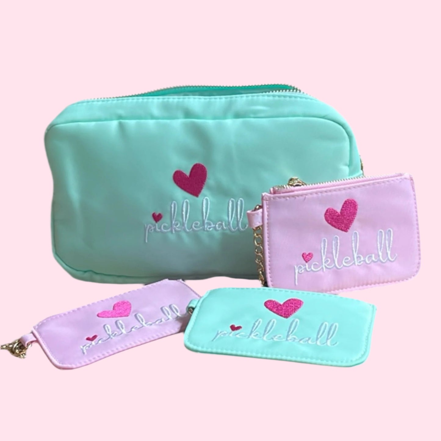 GIFT BUNDLE!  Pickleball Nylon Zip Mint Green Pouch + Pink Coin Purse