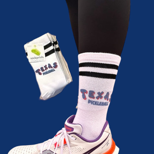 TEXAS PICKLEBALL Striped Ribbed Crew Socks | White