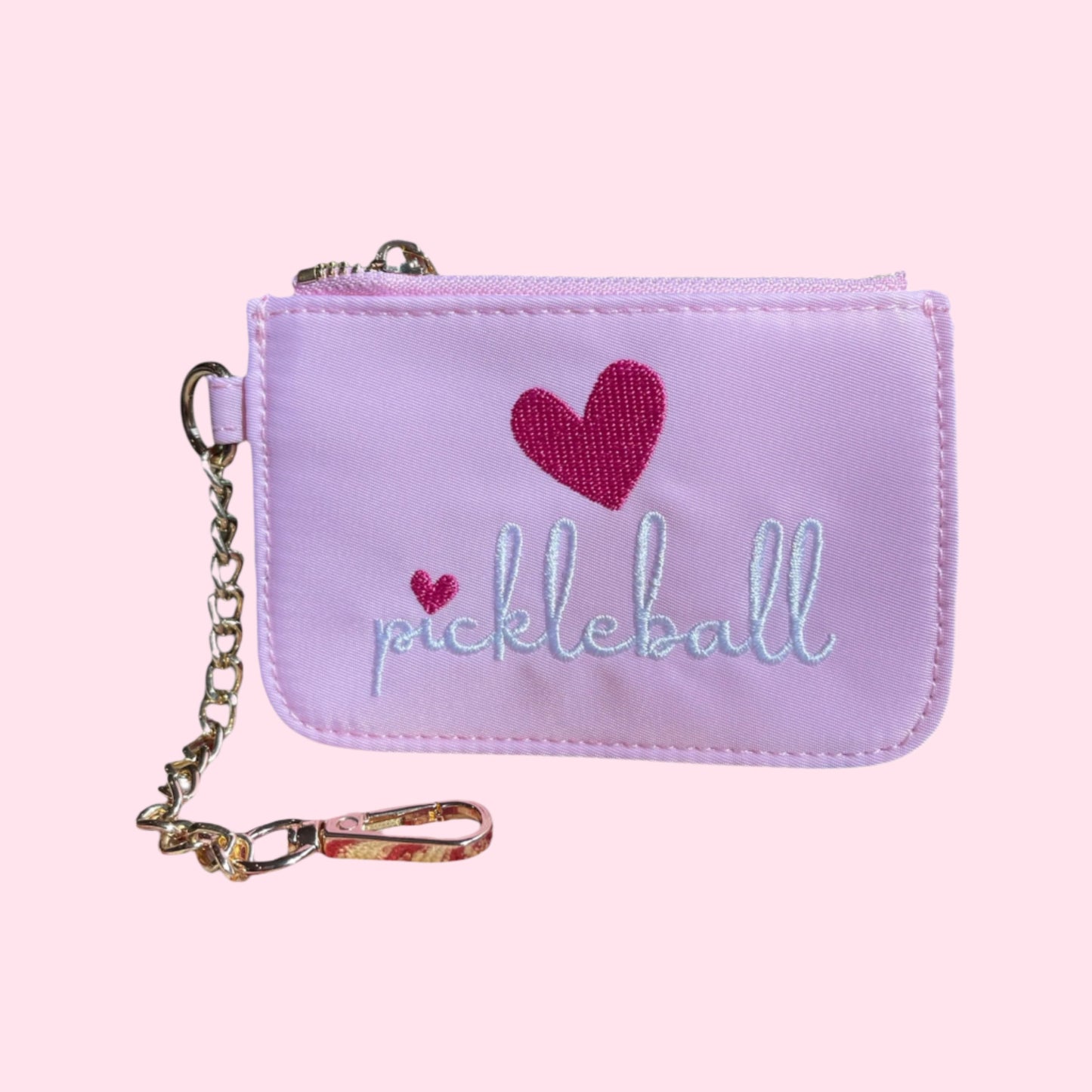 Pickleball Nylon Zip Keychain Coin Purse |  PINK + white/pink embroidery
