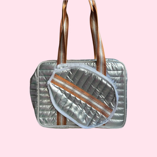 Pickleball Puffer "mini" Tote | SILVER + gold/silver stripes