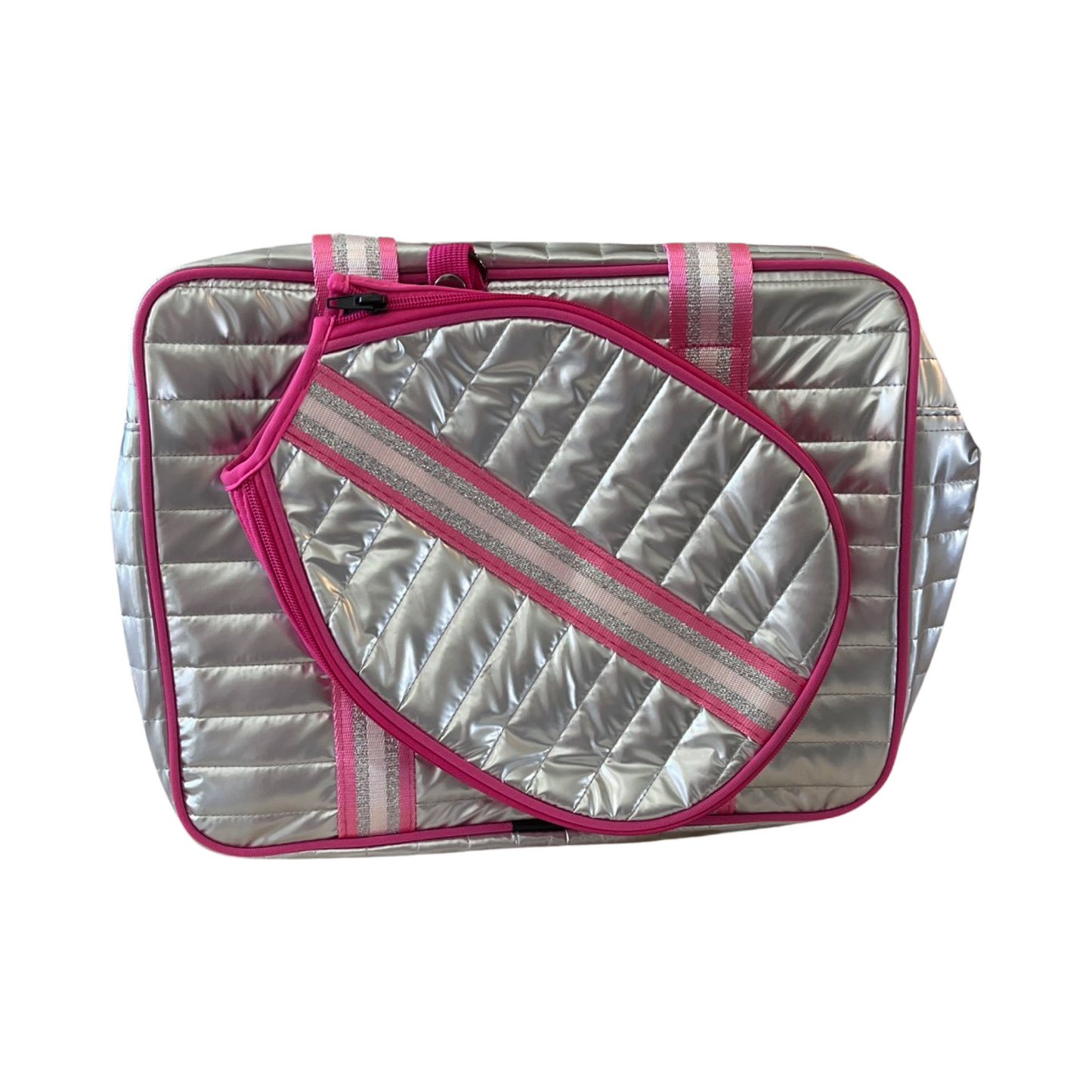 Pickleball Puffer "mini" Tote - Silver with Pink stripes