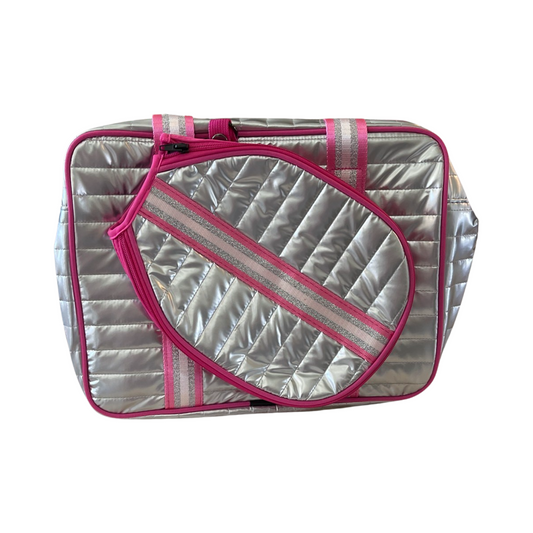 Pickleball Puffer mini Tote - Silver with Pink stripes