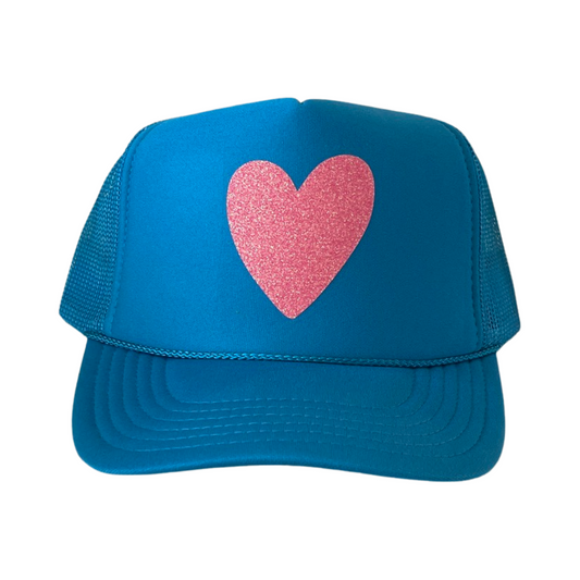 Blue Pickleball Trucker Hat - Pink Sparkle Heart