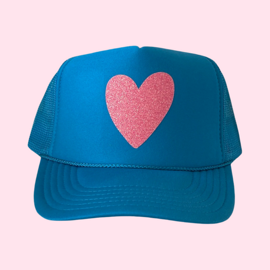 HAT SALE!  Blue Pickleball Trucker Hat - Pink Sparkle Heart