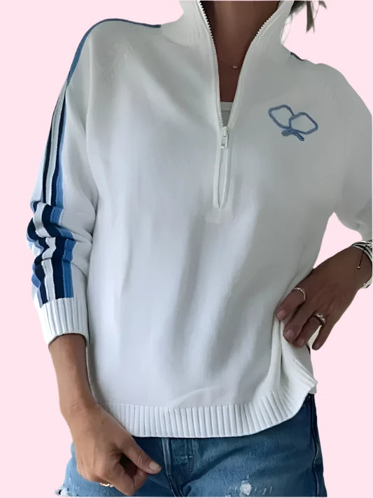 LAST ONE!  PICKLEBALL Half Zip Sweater | White + blue stripes